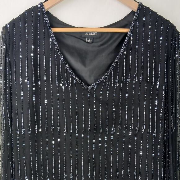 Papell Studio SZ M 100% Silk Beaded V-Neck Blouse Black - Picture 3 of 7